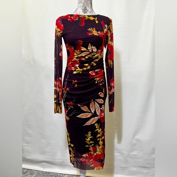 FUZZI Dark burgundy floral stretch midi dress size S/M.‎